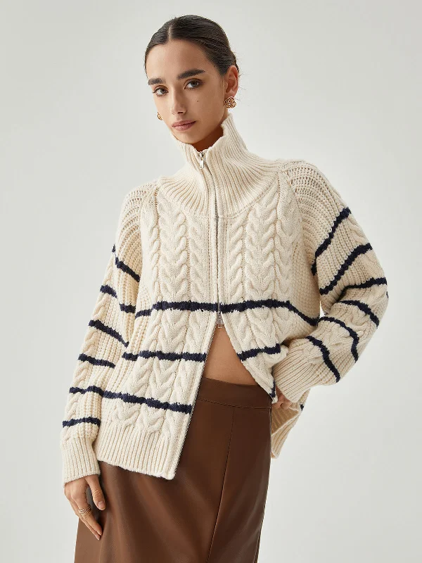 Stand Collar Cable Trendy Knit Stripe Cardigan