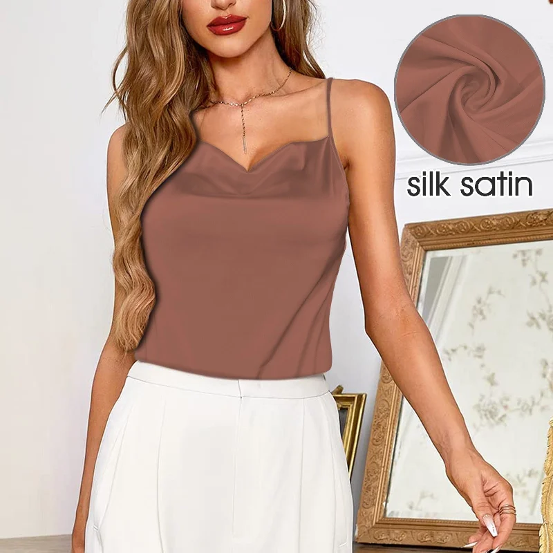 Cocoa Drop Neck Silky Satin-like Cami Top