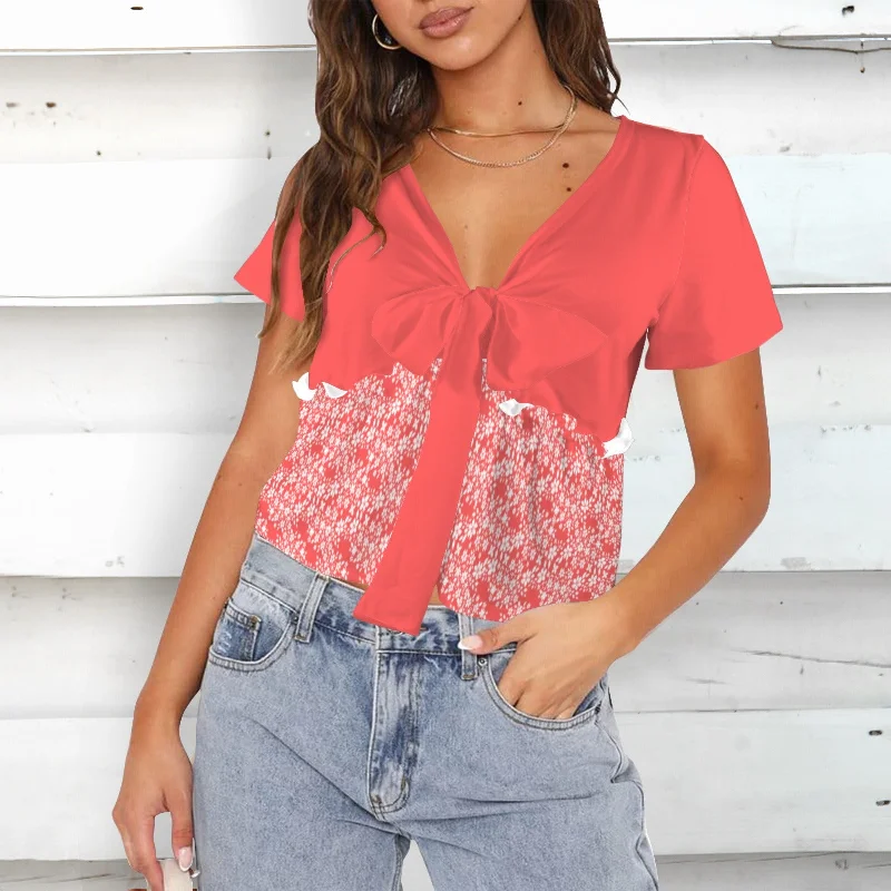 V-Neck Short Sleeve Knotted Front Blouse Top Coral White Floral