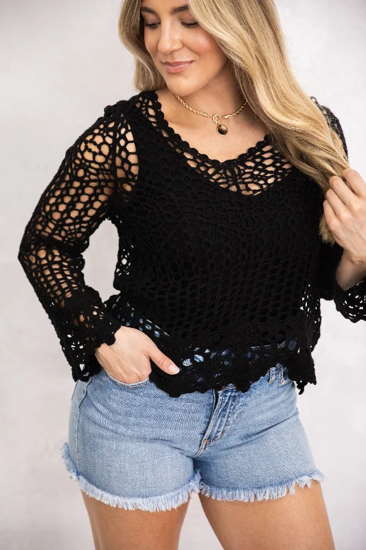 Black V-Neck Crochet Knit Top