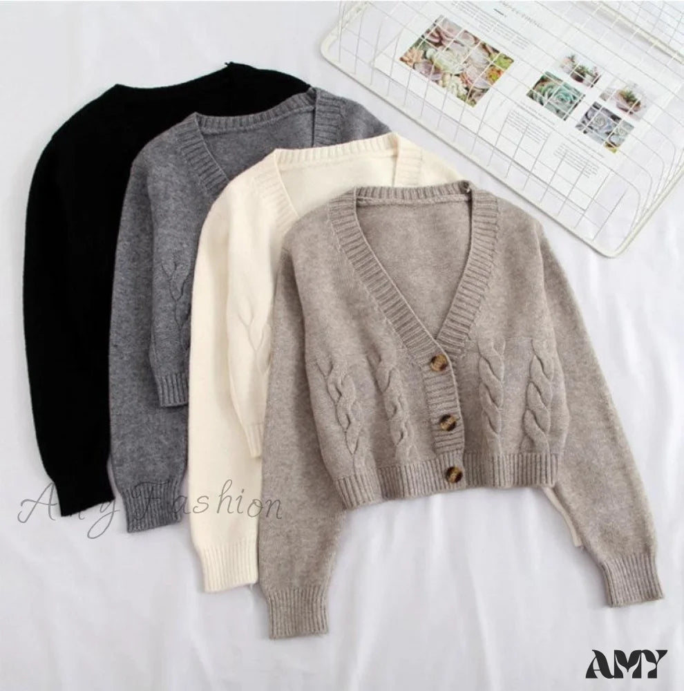 Amy Fashion - Solid Color Single-breasted Knit Cardigan