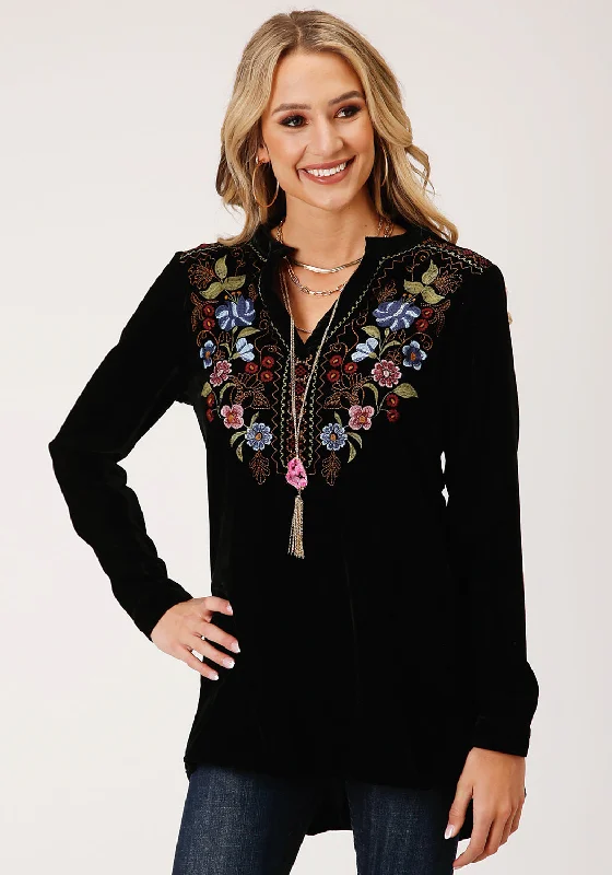 Roper Womens 1421 Floral Velvet Black 100% Polyester L/S Tunic L