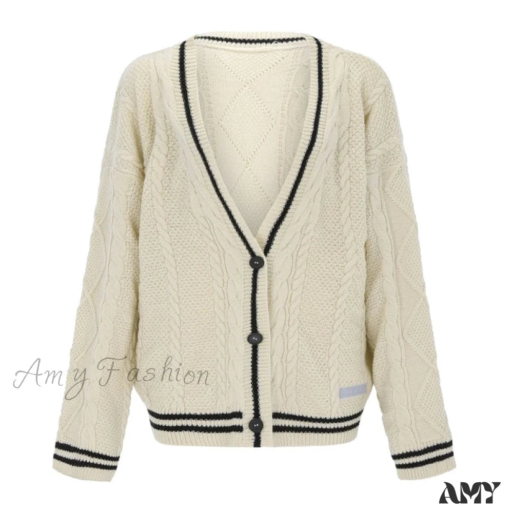 Amy Fashion - Beige V-neck Star Embroidery Cardigan