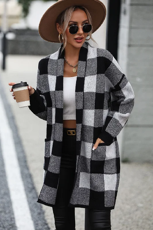 TastyHottie - Plaid Dropped Shoulder Cardigan with Pocket