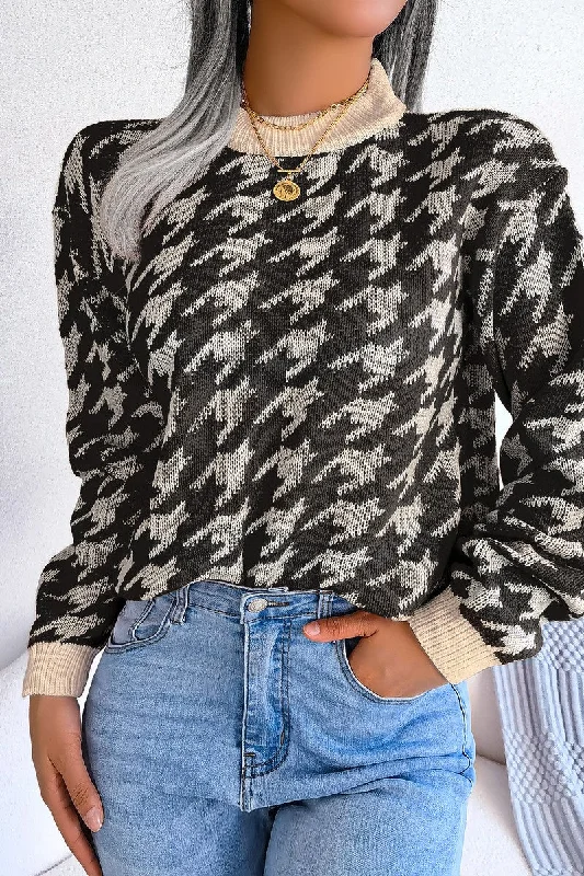 WOMEN RIBBED HIGH NECK PATTERNED KNIT SWEAT SHIRT