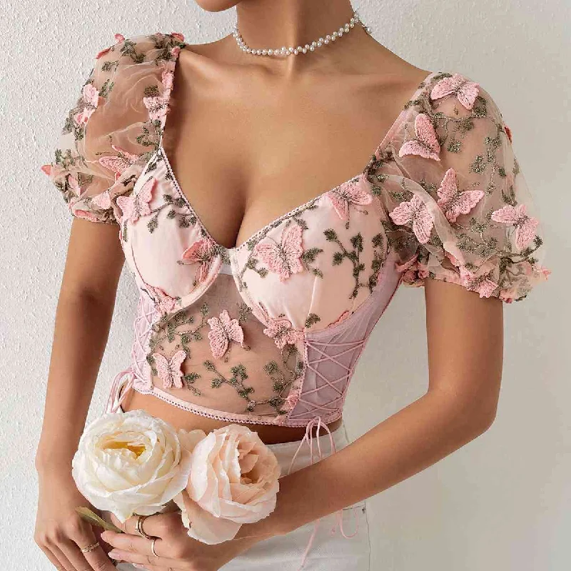 Butterfly Whispers Embroidery Mesh Corset Top