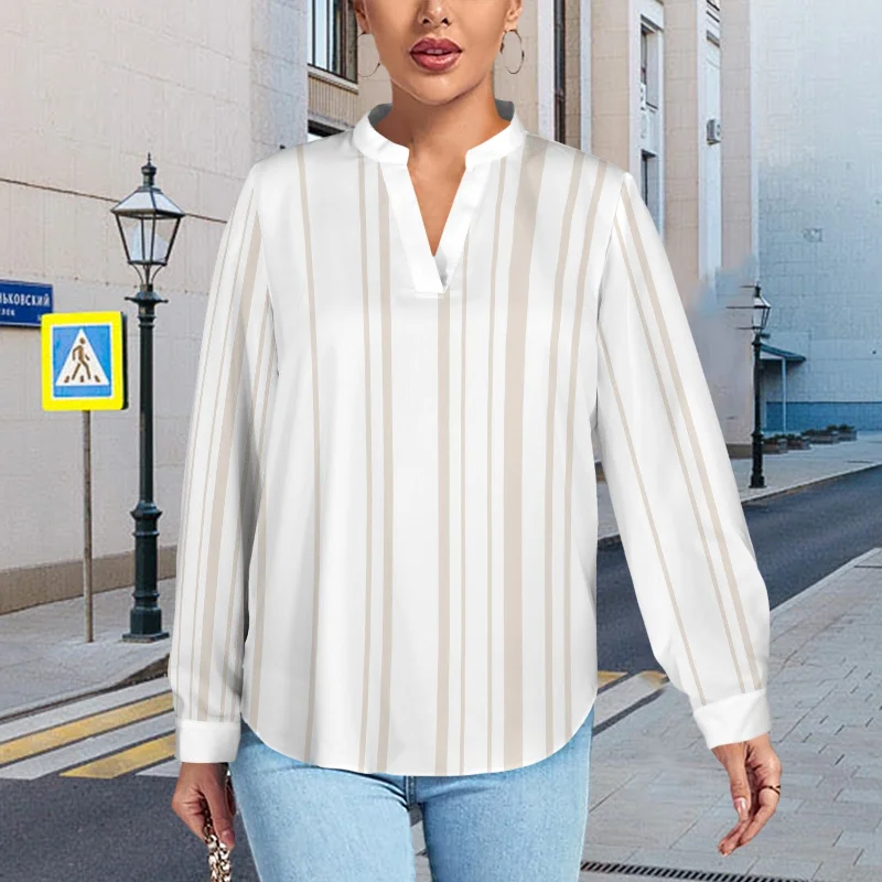 V-Neck Long Sleeve Blouse Natural White Stripe