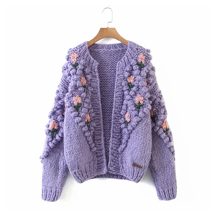 Three dimensional flower hook woven lantern sleeve cardigan sweater coat  7320