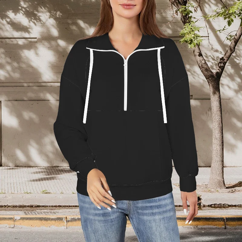 Half Zip Hoodie Pullover Drawstring Sweatshirt Black