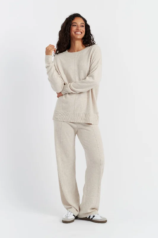 Light-Oatmeal Wool-Cashmere Wide-Leg Track Pants