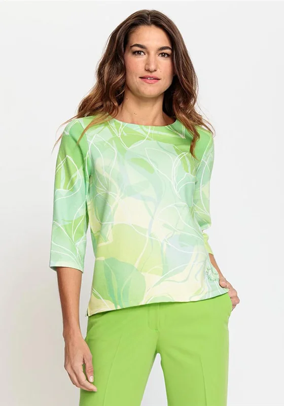 Olsen Henny Floral Print Jersey Top, Kiwi Green