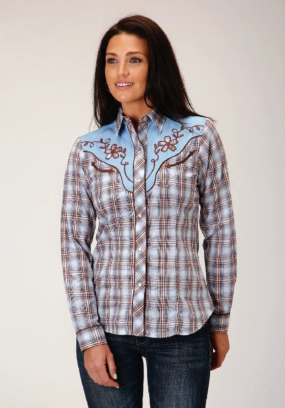 Roper Womens Fancy Applique Chocolate Blue Cotton Blend L/S Shirt