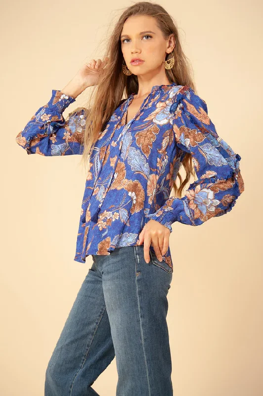 Savannah Ruffle Blouse in blue print