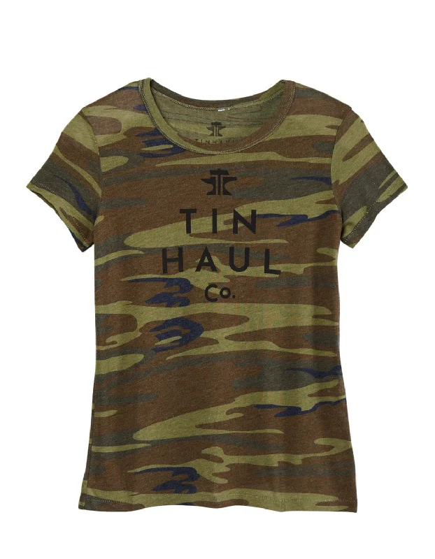 Tin Haul Womens Logo Screen Print Camo Cotton Blend S/S T-Shirt