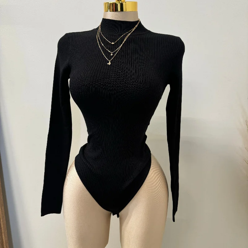 High Neck Long Sleeve Ribbed Knit Bodysuit-Black