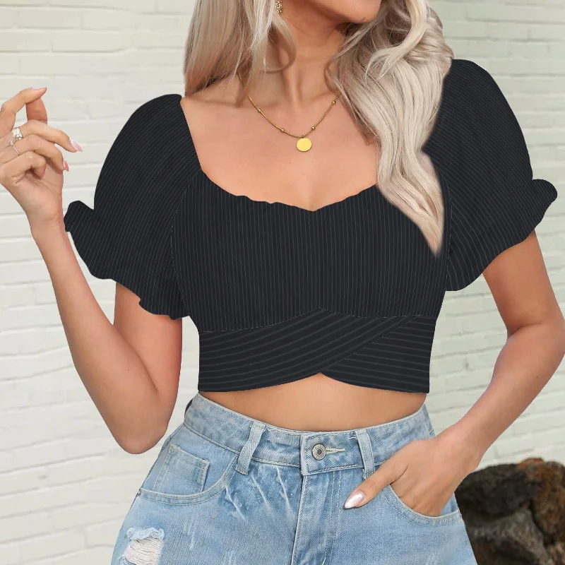 Midnight Finestripe Ruffle Puff Sleeve Tie Back Crop Top