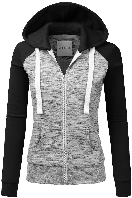 WOMENS LONG SLEEVE ZIP-UP 2 TONE COLOR HOODED JACKET WITH 2 SIDE HAND POCKETS AND WHITE STRAP