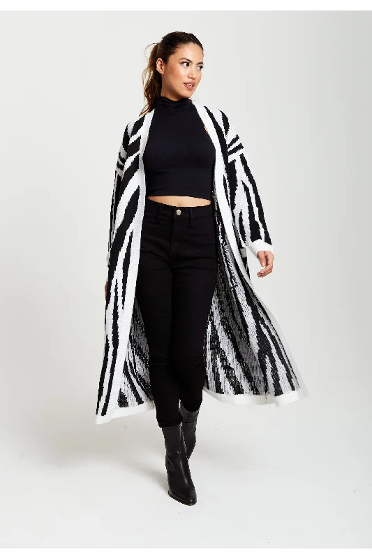 Liquorish Longline Cardigan In Black And White Zebra Pattern