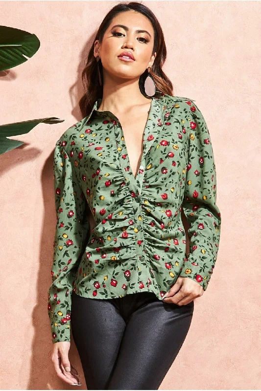 City Goddess Floral Print Shirt - Sagegreen