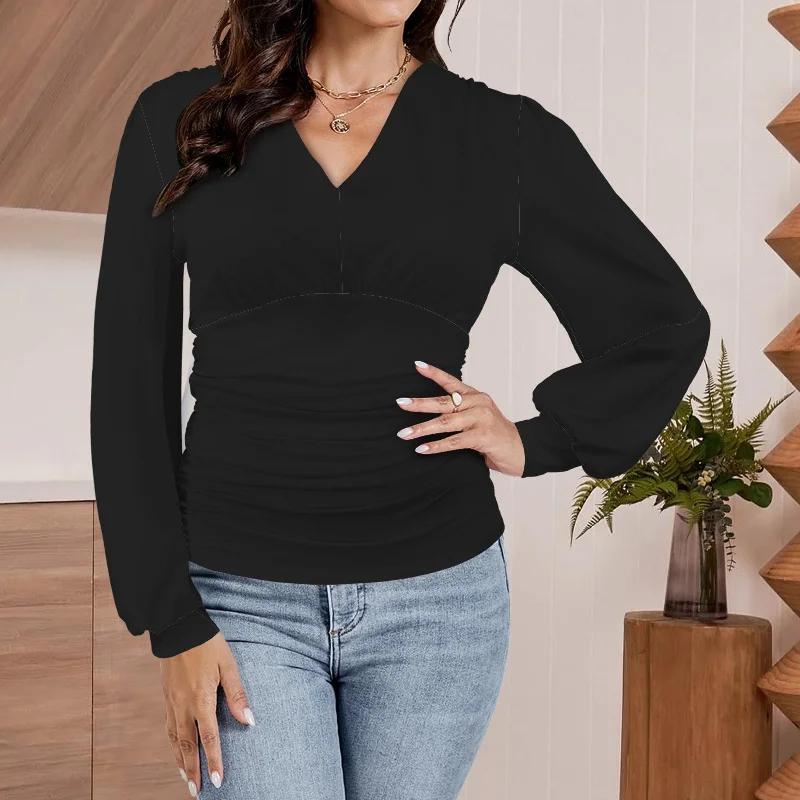 V-Neck Ruched Long Sleeve Blouse Black