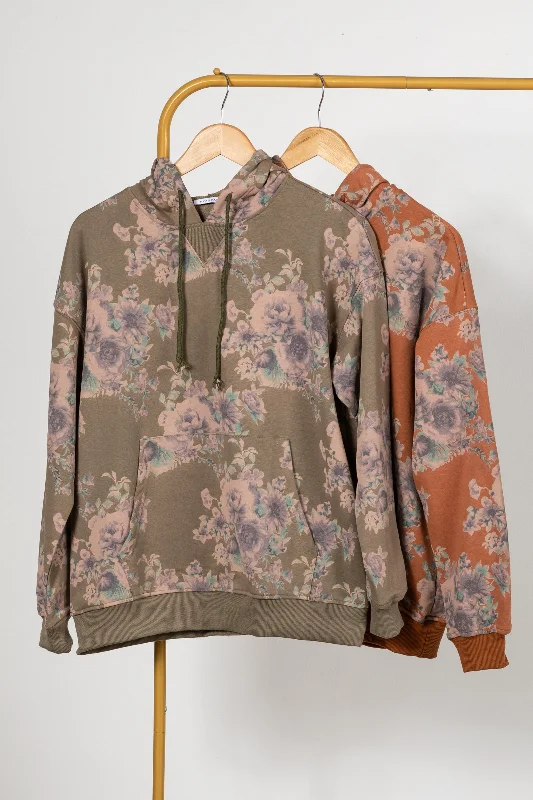 Floral Print Hooded Top With Pocket