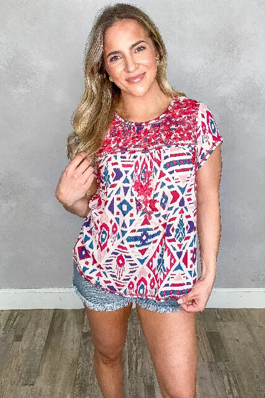 Raspberry Abstract Print Woven Top