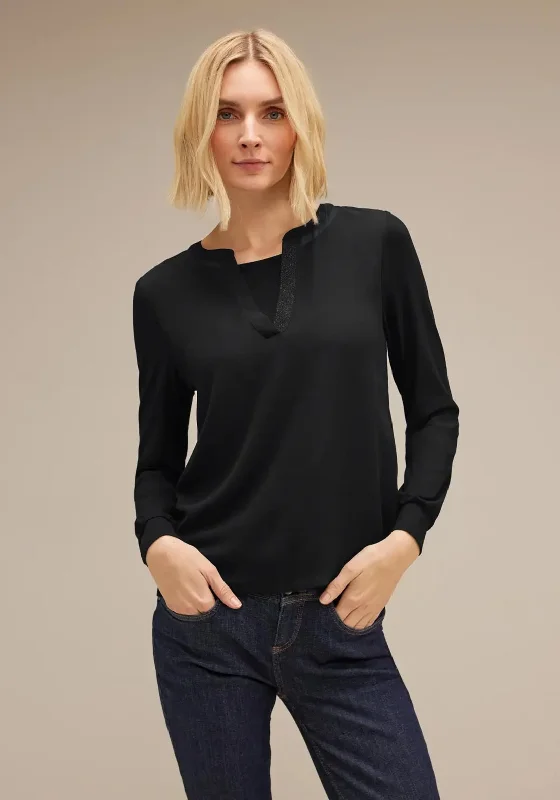 Street One V-Split Neck Chiffon Top, Black