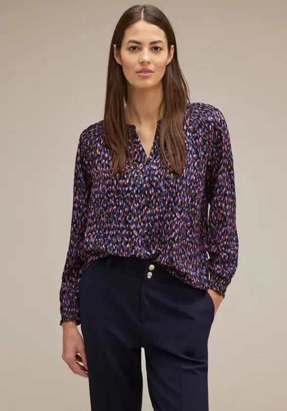 Street One Shirred Detail Print Blouse, Atlantic Blue