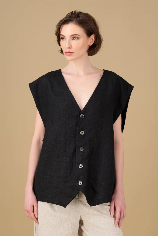 Sarvin Linen Oversized Unisex Vest Black