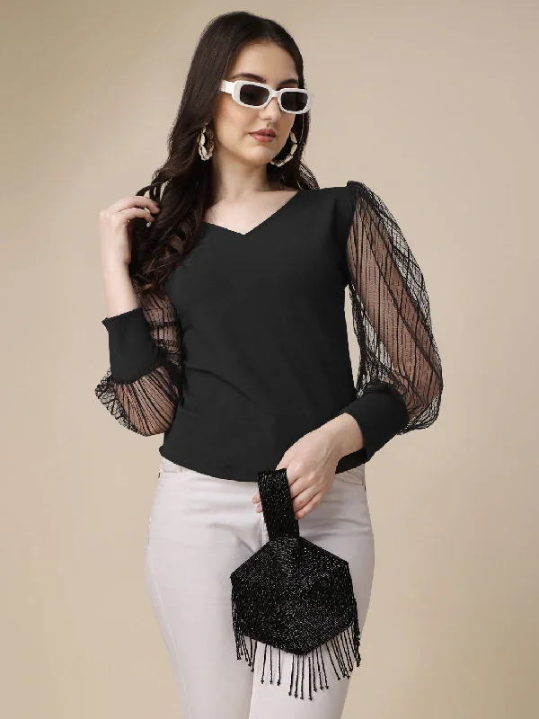 Casual Polyester Self Design Bishop Sleeve Solid Women Black Top