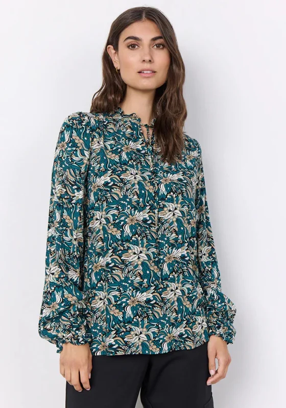 Soyaconcept Frill Neckline Floral Print Blouse, Dark Green