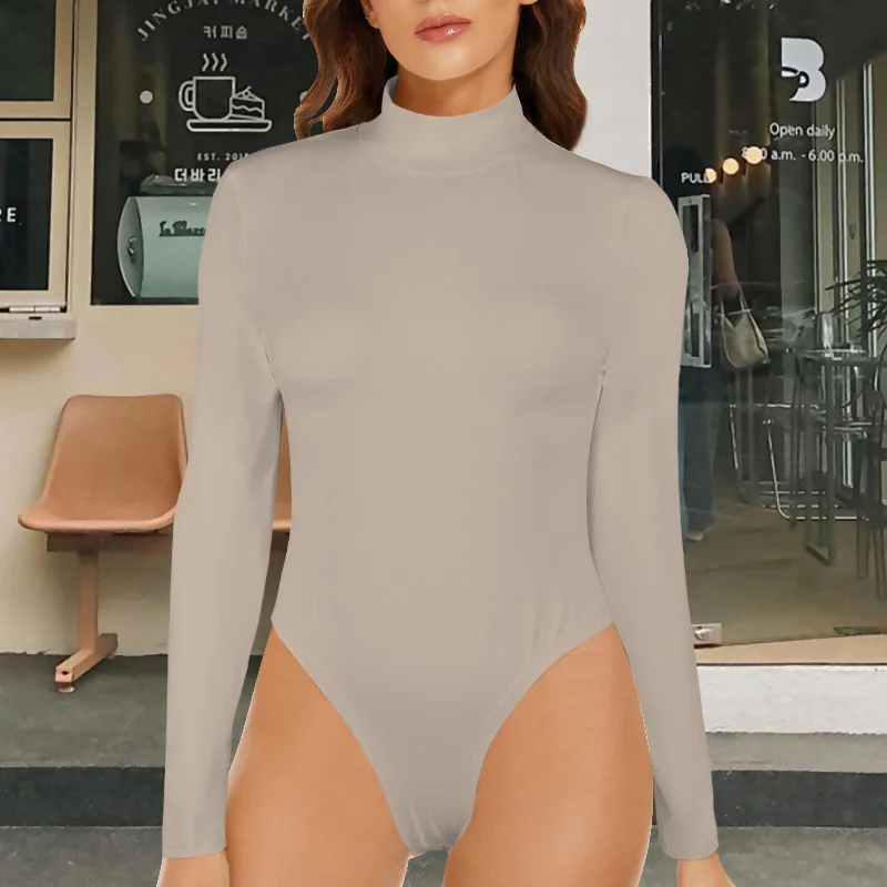 Turtle Neck Long Sleeve Bodysuit Light Beige