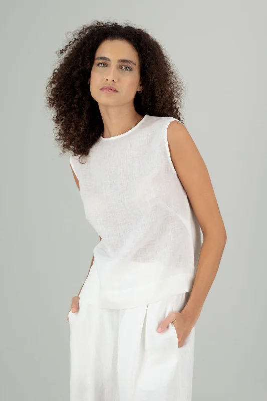 Lily Round Neck Sleeveless Linen Top Off White