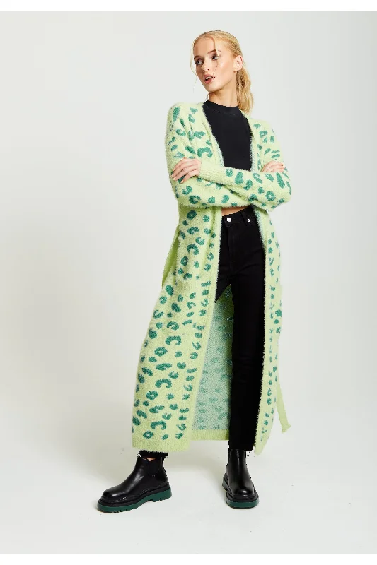 Liquorish Liquorish Fluffy Longline Cardigan In Green Animal Print