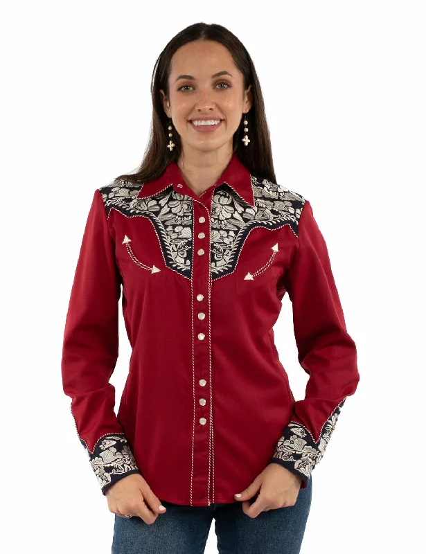 Scully Womens Floral Yoke Embroidery Red/White/Blue Poly/Rayon L/S Shirt XL