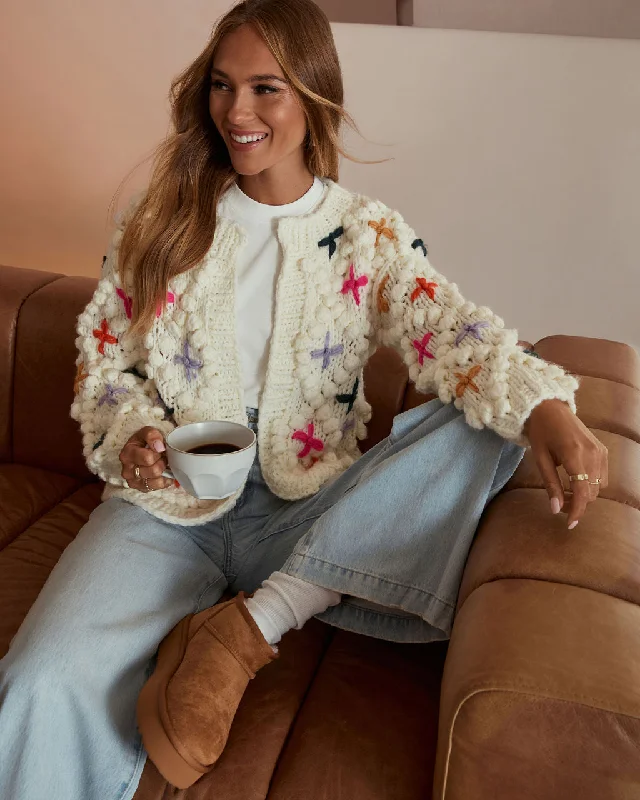 Cozy Moments Embroidered Pom Pom Cardigan