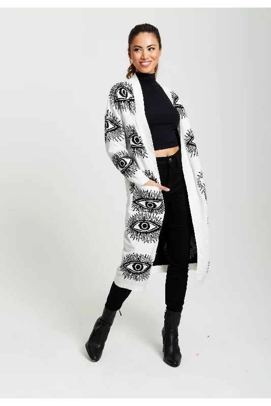 Liquorish Eye Pattern Longline Cardigan In White