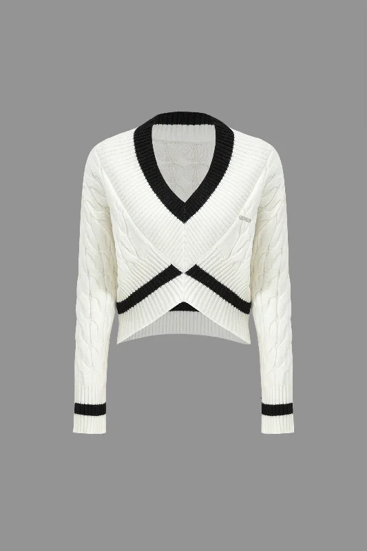 Knit V-Neck Patchwork Long-Sleeve Top