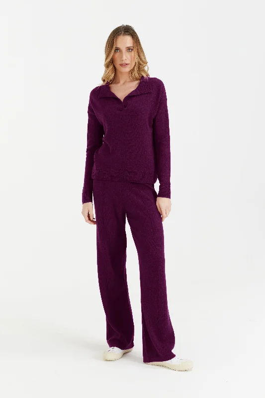 Plum Wool-Cashmere Wide-Leg Track Pants