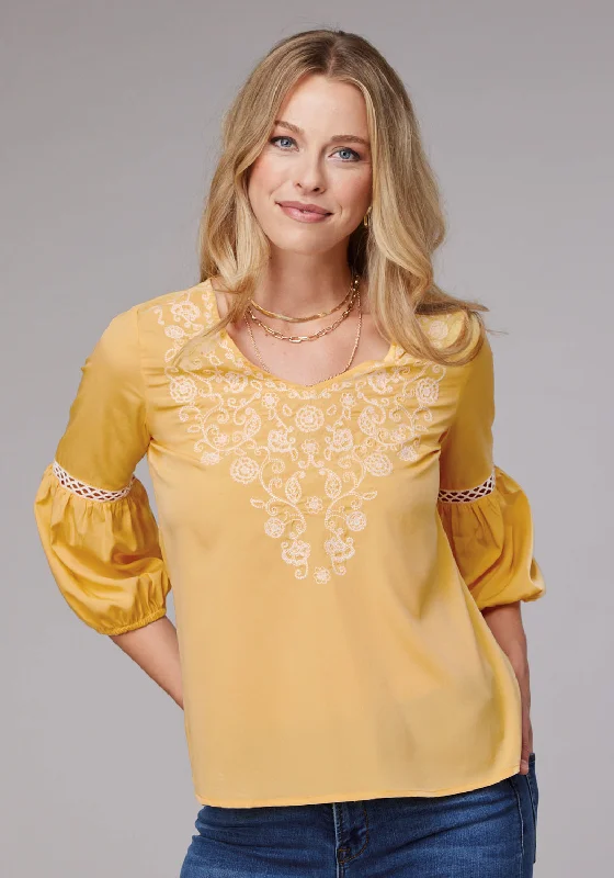 Roper Womens Bishop Sleeve Crepe Yellow 100% Polyester S/S Blouse