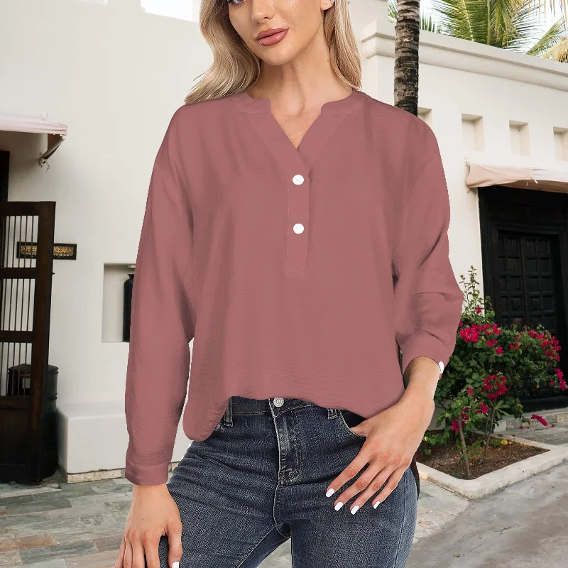 Button V Neck Long Sleeve Blouse Dark Dusted Mauve Rose