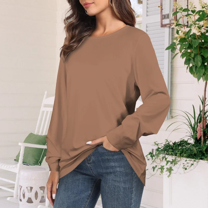 Long Sleeve Round Neck T Shirt Brown Beige