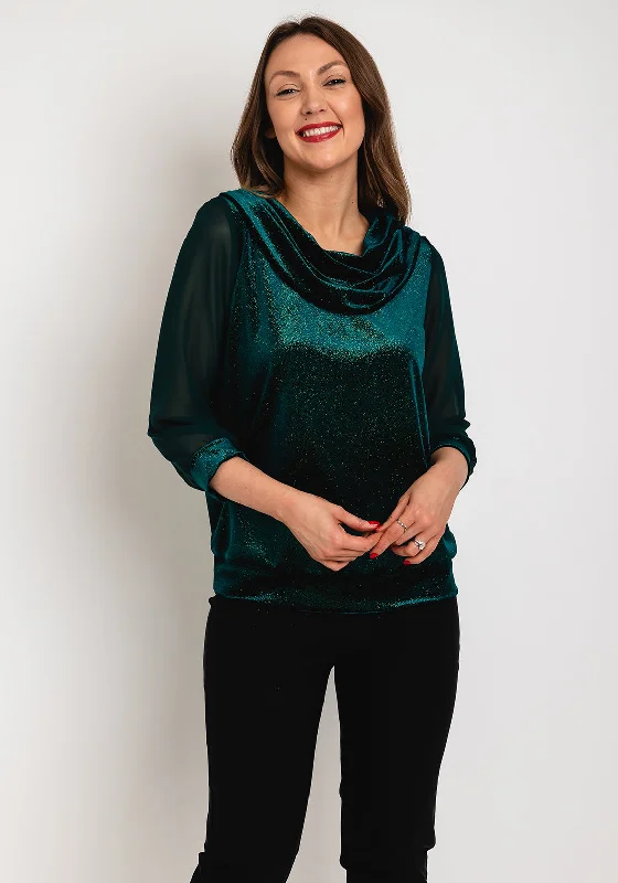 Leon Collection Cowl Neck Shimmer Blouse, Forest Green