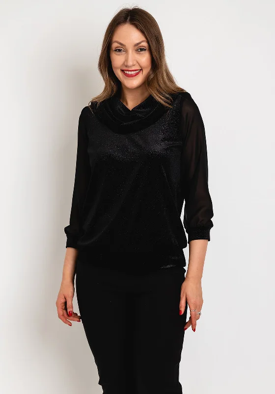 Leon Collection Cowl Neck Shimmer Blouse, Black