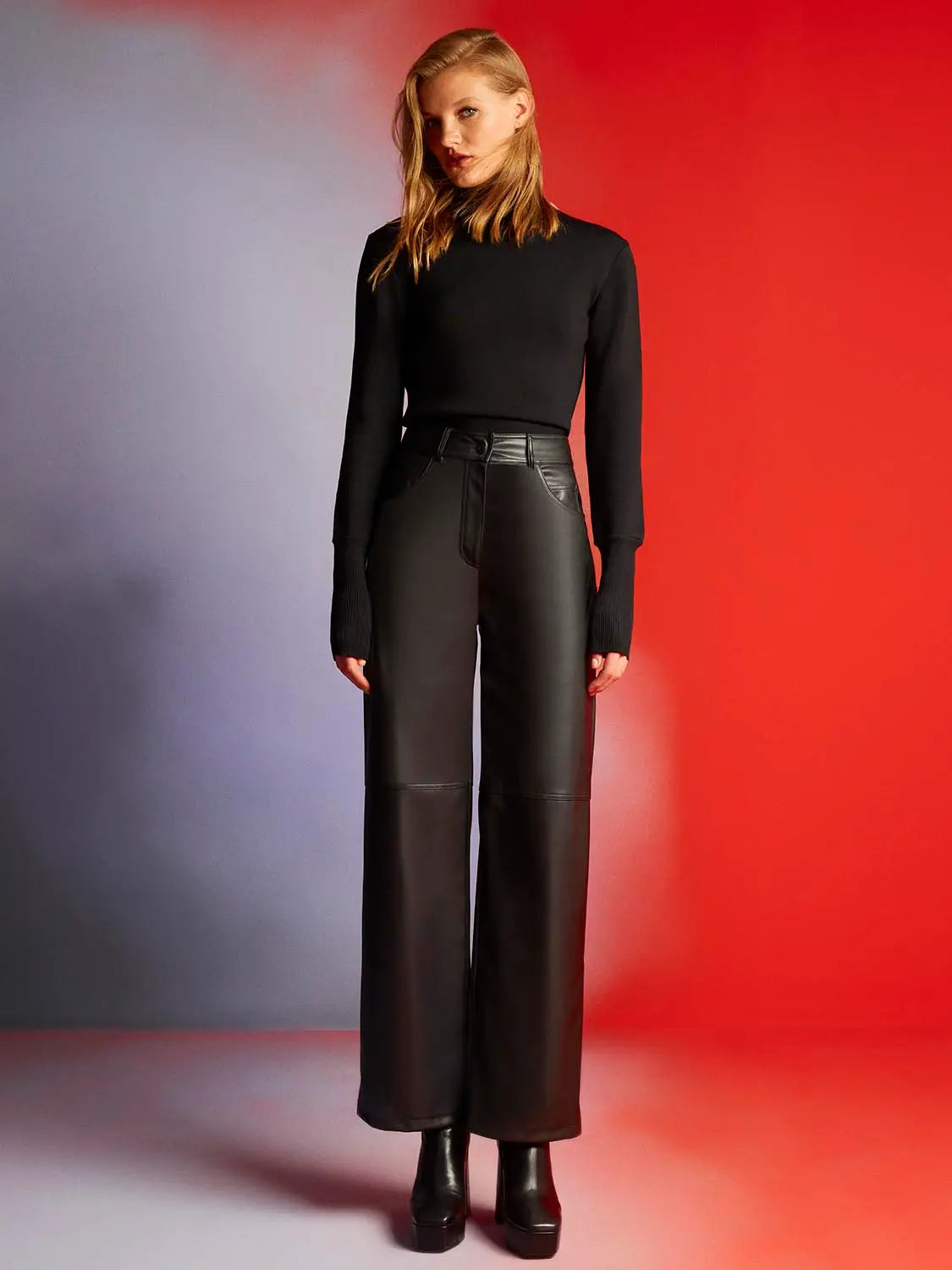 Wide Leg Black Faux Leather  Pants