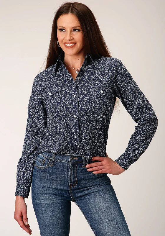 Roper Womens 1498 Floral Navy/White Cotton Blend L/S Shirt