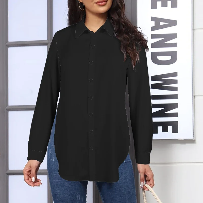 Button Front Long Sleeve Shirt with Split Sides Black