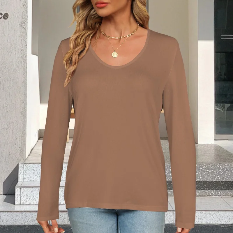 V Neck Long Sleeve Pullover Top Brown Beige