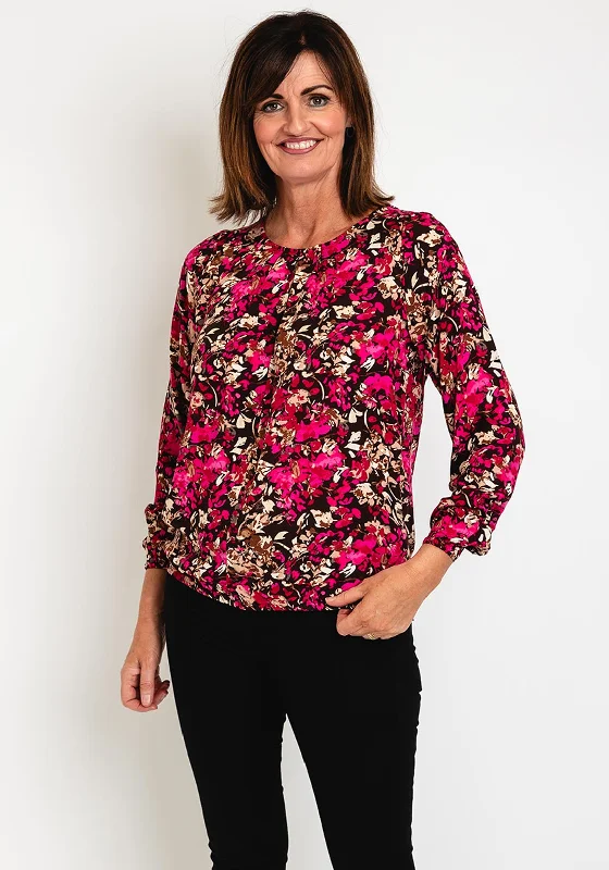 Fransa Round Neck Floral Print Blouse, Fuchsia