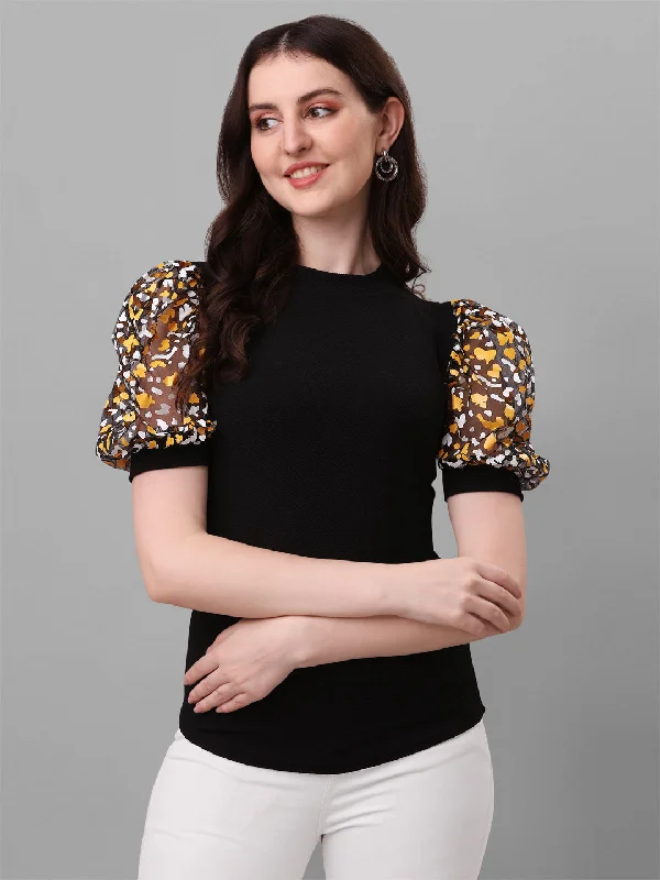 Self Design Round Neck Puff Sleeves Printed Women Black Top